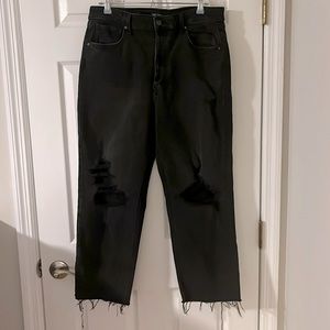 Super-High Rise Distressed Straight Black Jeans